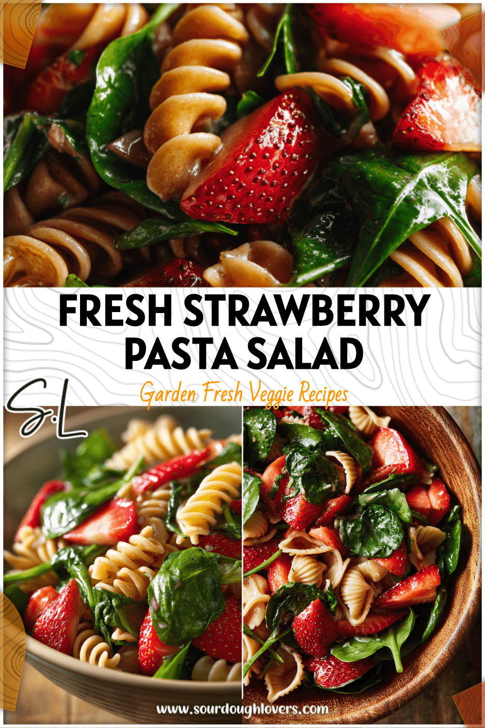 Vibrant bowl of Salad Pasta with spinach leaves and sliced strawberries mixed for a fresh summer look. 26